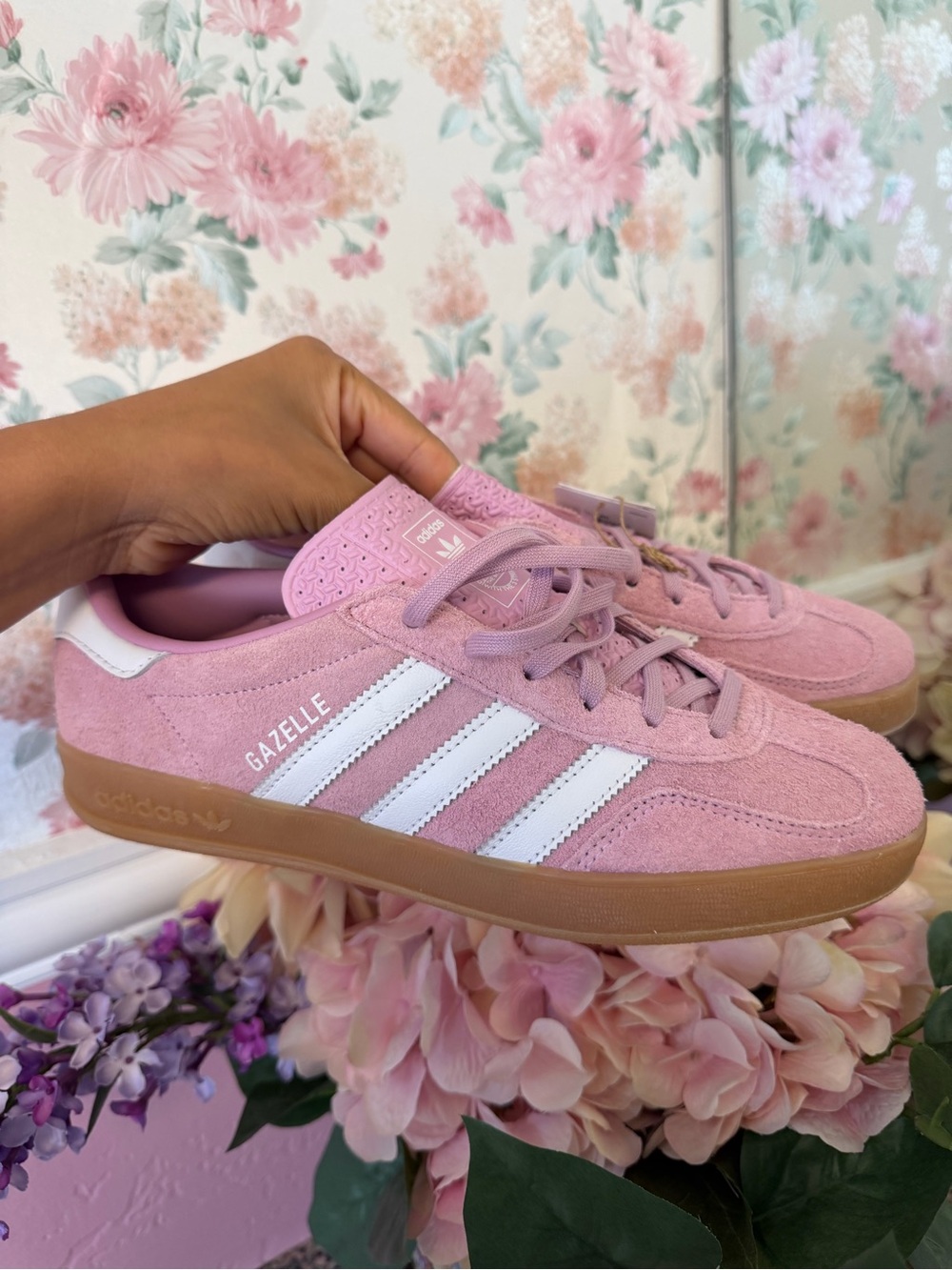 adidas Gazelle Pink White Suede Sneakers with Gum Sole